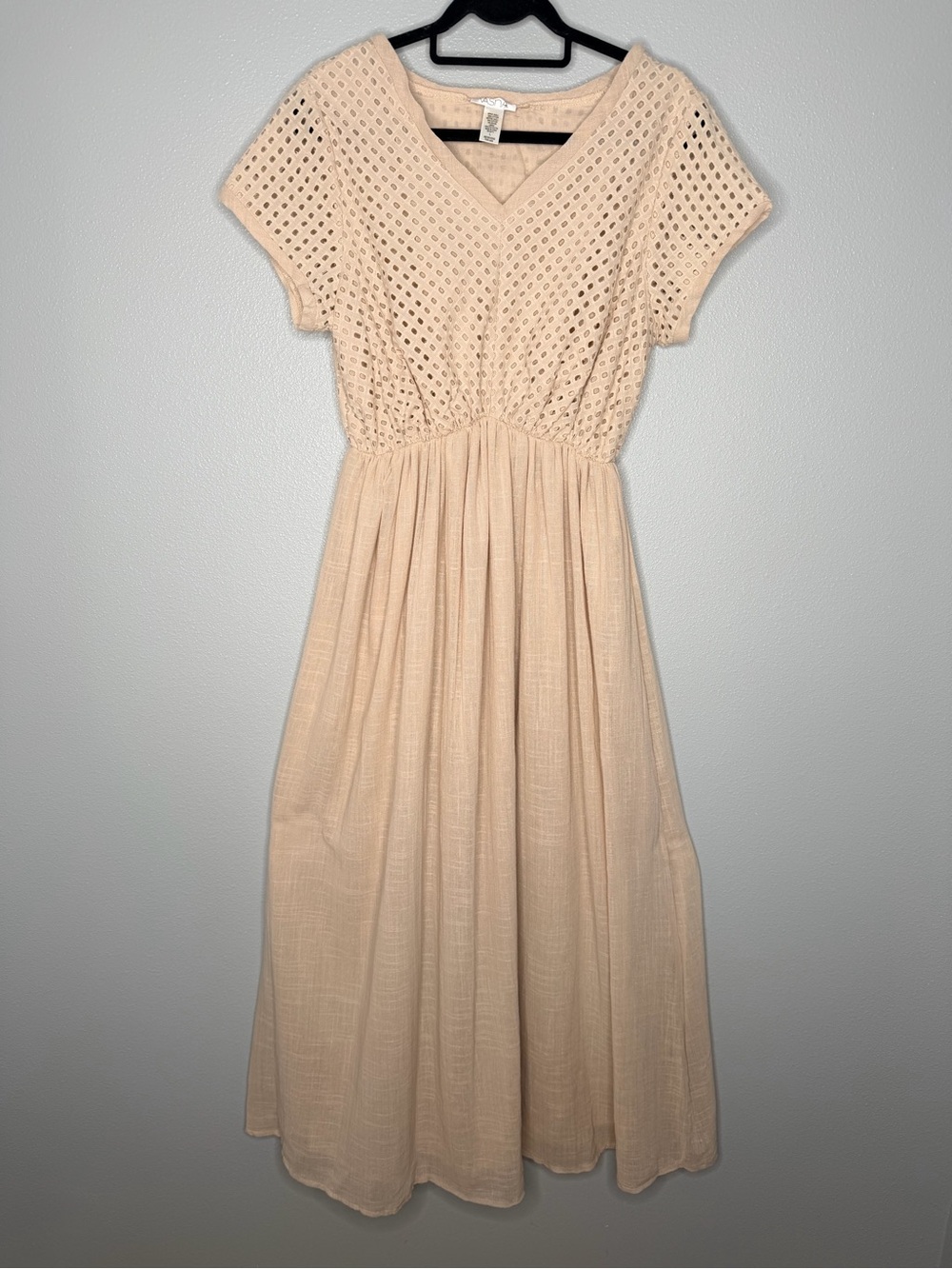 VASNA Women's Beige Crochet Eyelet Gauze V-Neck Short Sleeve Maxi Midi Sz Large